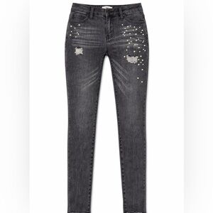 Women's Distressed Charcoal Jeans with Pearl Accents